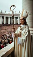 Historic Moment Female Pope Elected on Vatican Balcony. Generative ai. photo