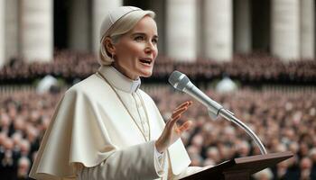 Historic Moment Female Pope Elected on Vatican Balcony. Generative ai. photo