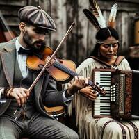 Street Musicians in Vintage Peaky Blinders Style, Playing Violin and Singing photo