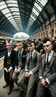 Punk-inspired youths in vintage suits await a train. Generative AI. photo