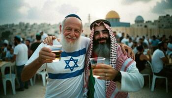 judío y palestino hombres brindis a paz y unidad. generativo ai. foto