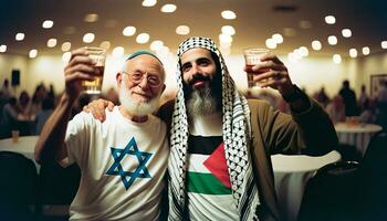 Jewish and Palestinian Men Toast to Peace and Unity. Generative AI. photo