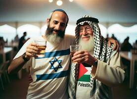 Jewish and Palestinian Men Toast to Peace and Unity. Generative AI. photo