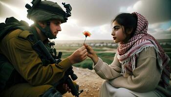 palestino mujer ofrecimiento paz flor a israelí soldado. generativo ai. foto