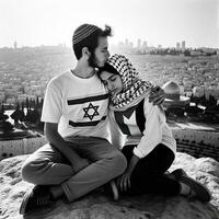 Young Couple in Love Symbol of Peace and Reconciliation in Jerusalem. Generative AI. photo