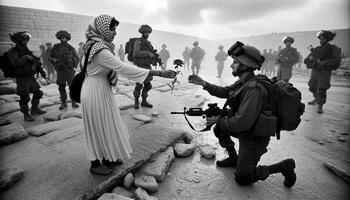 palestino mujer ofrecimiento paz flor a israelí soldado. generativo ai. foto