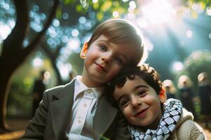 título judío y palestino niños símbolos de amistad, paz, y reconciliación. generativo ai. foto