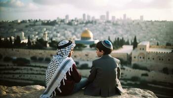 símbolo de paz judío y palestino amigos en Jerusalén. generativo ai foto