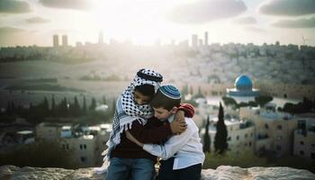 símbolo de paz judío y palestino amigos en Jerusalén. generativo ai foto