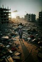 Solitary Man in War-Torn Arab City. Generative ai photo