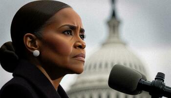 Inaugural Address at the Capitol by the First Black Female President of the United States. Generative AI. photo