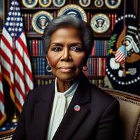 histórico retrato de primero negro hembra presidente de el unido estados generativo ai. foto