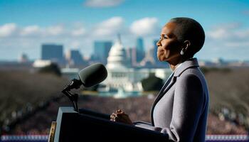 Inaugural Address at the Capitol by the First Black Female President of the United States. Generative AI. photo