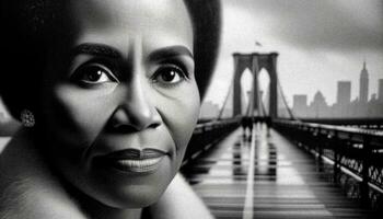 Elegant Black Woman in Front of Brooklyn Bridge - AI-Generated Monochrome Photo