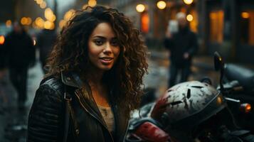 Beautiful motorbike woman with curly hair in a black leather jacket and a motorcycle on the street. photo