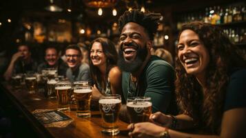 Group of diversity friends having fun in a pub, drinking beer and laughing. photo