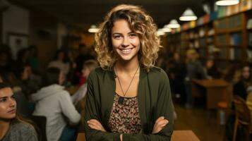 Portrait of smiling young  student woman standing with arms crossed in college library. photo