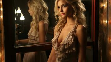 Beautiful young sexy actress woman in evening dress looking at her reflection in the mirror. photo