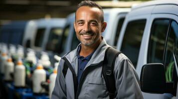 Pest control worker with pesticide sprayer standing by van. photo