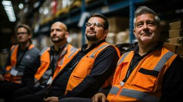 Portrait of confident mature warehouse workers in warehouse having rest. photo