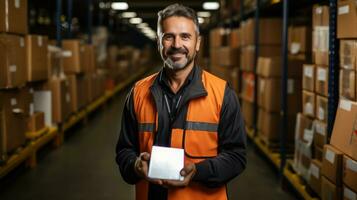 Portrait of confident mature warehouse worker holding digital tablet in warehouse. This is a freight transportation and distribution. Industrial workers concept. photo