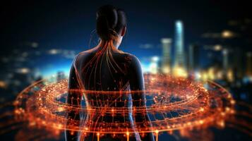 Digital composite of asian female body with glowing connection lines over cityscape background. photo