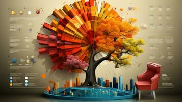 3d illustration of beautiful tree in color background with pie chart and armchair. photo