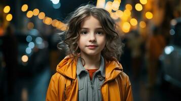Beautiful little girl actress in yellow raincoat looking at camera at night. photo