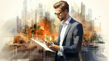 Conceptual illustration image of young businessman with digital tablet in cityscape. photo
