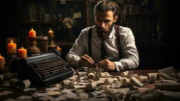 Retro photo of bearded man in a white shirt and suspenders is sitting at a table with a vintage typewriter.