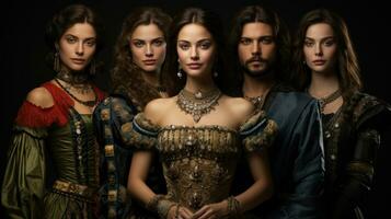 Group of young women and men actors in medieval costumes posing over black background. photo