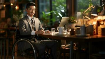 Asian disabled businessman in wheelchair working on laptop at table, side view. photo