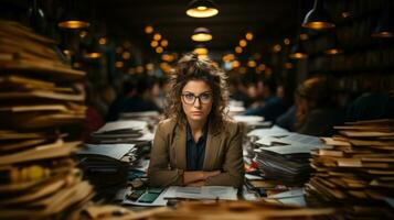 retrato de un joven agotado mujer de negocios sentado a el mesa en el biblioteca. foto