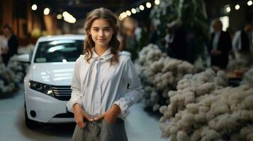 Portrait of a beautiful girl in a white shirt on the background of a car, actress kid works in the frame on the set. photo