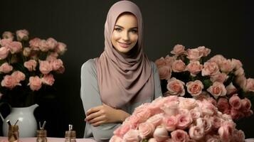 Portrait of beautiful young muslim woman with pink roses bouquet at flower salon. photo