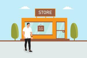 Man in front of store building. Vector illustration in flat style.