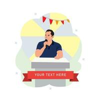 Vector illustration of a man speaking into microphone. Flat style design.
