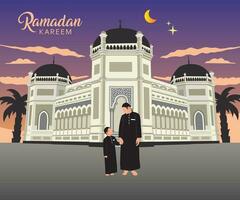 Vector illustration of Ramadan Kareem greeting card. Muslim man and son in front of mosque at sunset