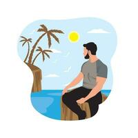 Man sitting on the edge of a cliff. Flat vector illustration.