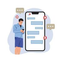 Man using mobile phone with speech bubbles. Vector illustration in flat style