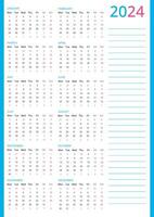 calendar for 2024, Vertical Pink Blue Calendar 2024 week starting Monday, Vector 2024 Calendar template to make your new year planning easy