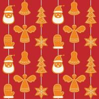 Seamless pattern with gingerbread cookies on a string. Christmas ornament for winter holidays. Gingerbread Santa, Christmas tree, snowflake, angel, mitten, bell. Vector illustration