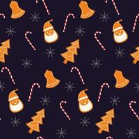 Seamless holiday pattern with gingerbread, candy canes and snowflakes in Scandinavian style. Design for Christmas and New Year. Pattern for card, wrapping paper, fabric, textile, wallpaper, background vector