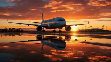 Airplane in the airport at sunset. Travel and business concept. photo