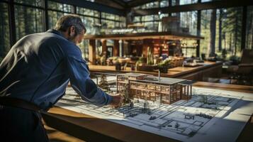 Architect working on blueprint in office at desk against digitally generated room. photo