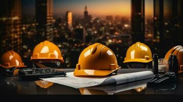 Standard construction safety equipment including hard hat, helmet, blueprint and other. photo