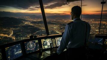 Air traffic controller worker. Office room with navigation screens,airplane departure and arrival data team. Airport tower concept. photo