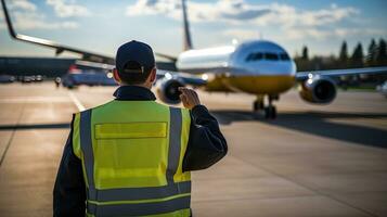 Rear view of air traffic controller in front of airplane at airport. photo