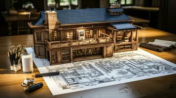 House model and architectural plans on table. Architectural concept. photo