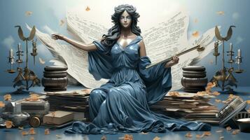 Lady of justice sitting on the floor surrounded by books and other symbols. photo